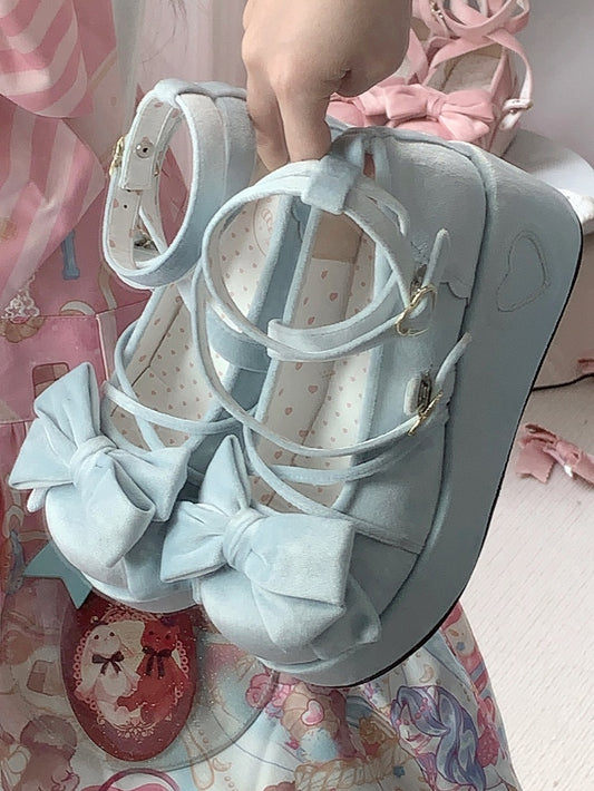 Platform Blue Sweet Mary Janes for Lolita with Bow Decor, Crossed Straps & Romantic Clasp