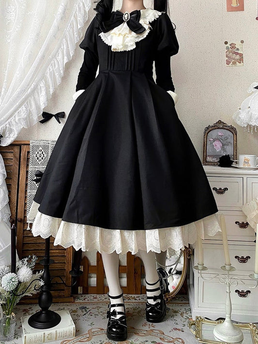 Black and Beige Juliette Sleeves Lolita Dress + Maid Apron Set