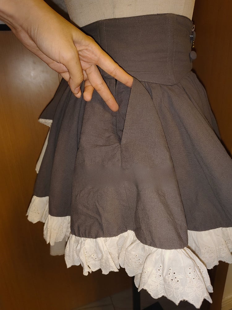 Dark Gray Lolita Skirt with Beige Scalloped Eyelet Hem and Side Pocket