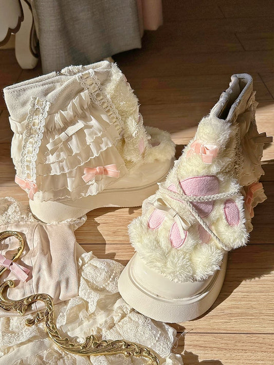Creamy Yellow Plush Kitty Claw Crisscross Design Platform Ankle Boots