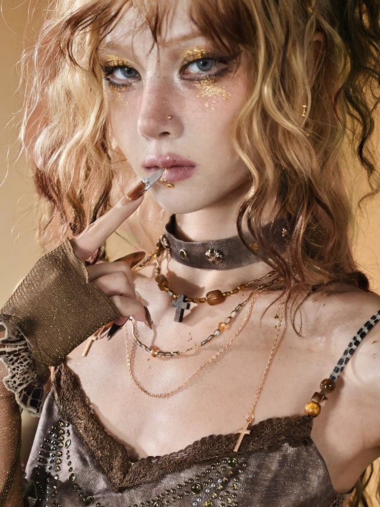 Brown Wasteland Punk Choker With Cross Pendant Beaded Neacklace