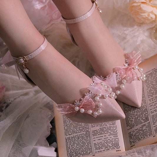 Pink Beaded Chain Pointed Toe Hime Lolita Middle Heels