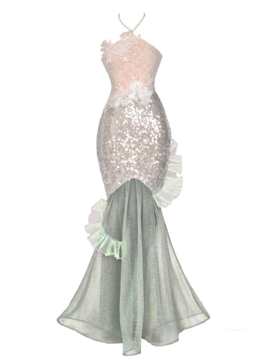 Beaded Halter Neck Shining Sequins Mermaid Dress Fairy Goth Vacation Bodycon Dress