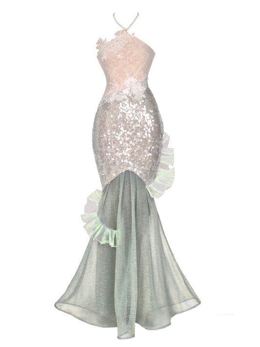Beaded Halter Neck Shining Sequins Mermaid Dress Fairy Goth Vacation Bodycon Dress