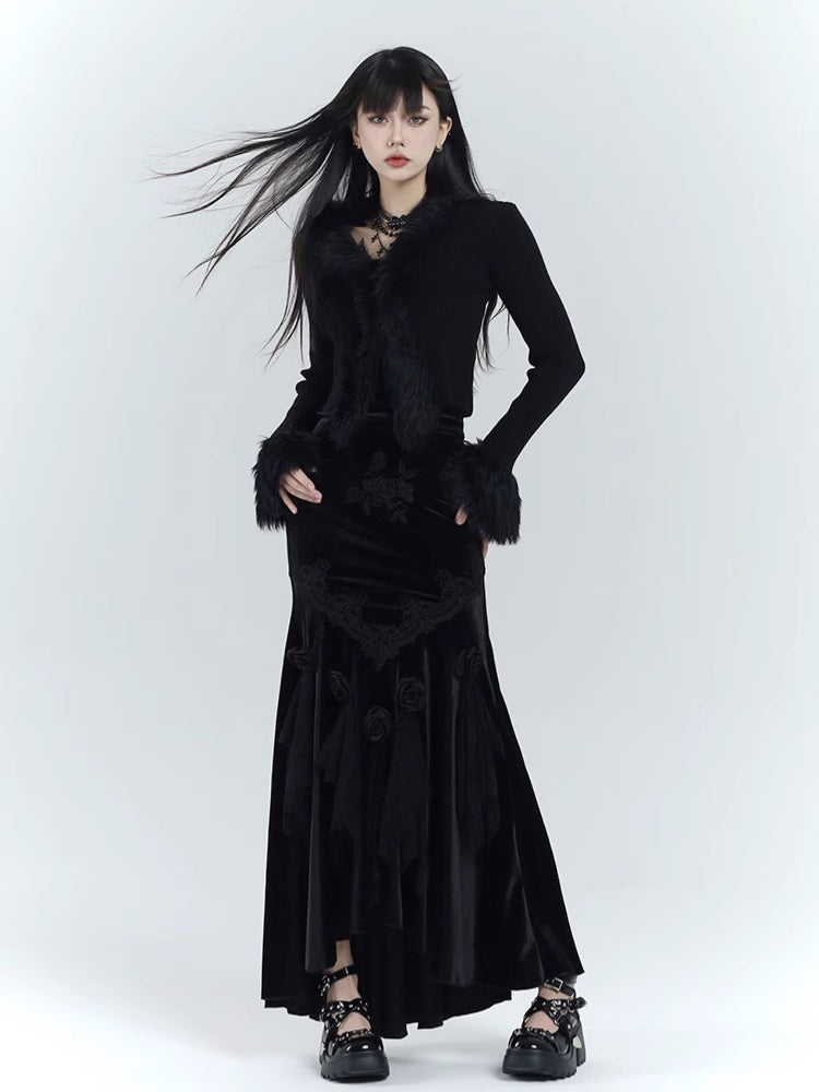 Gothic Black V-Neck Plush Trim Slim-fitting Knitted Sweater