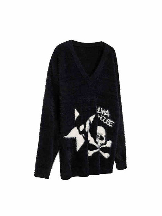 Black Punk Skeleton V-neck Oversized Sweater / Black and White Striped Scarf