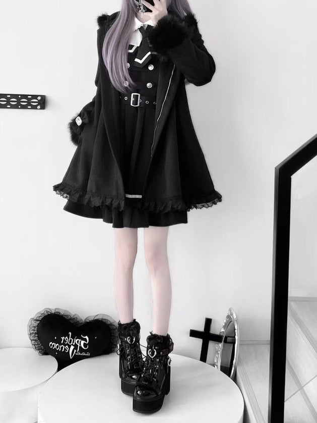 Jirai Kei Black A-Line Coat with Detachable Bunny Hood | Plush Ears & Cuffs | Wool Blend