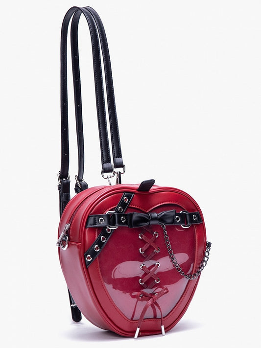 Small Charming Red Apple-Shaped 2-Way Ita Backpack With Black Belt And Bow Accents