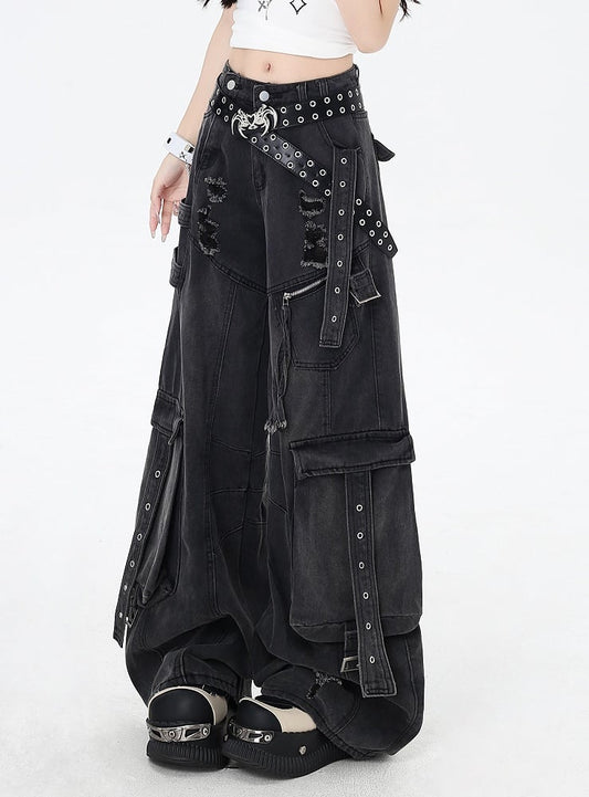 Black Low Rise Distressed Holes Wide-leg Cargo Jeans