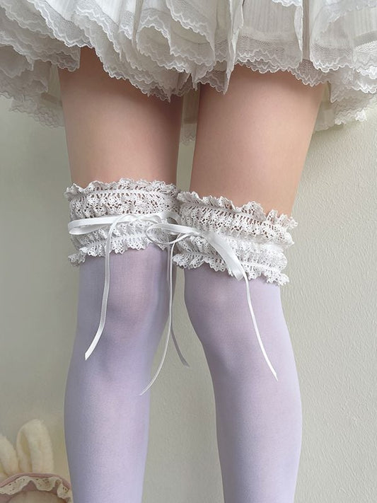 Blue/White Bowknot Details Lace Trim Overknee Stockings