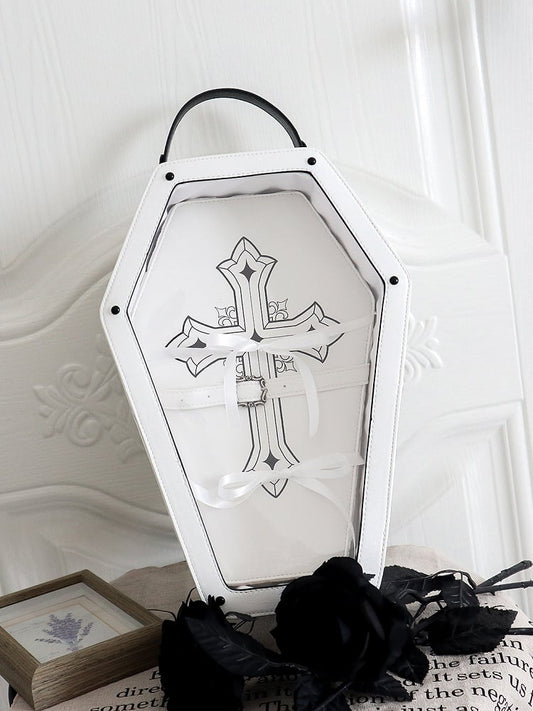 White&Black Cross Decorated Coffin-Shaped 1/6 Scale BJD Doll Bag with Two Straps