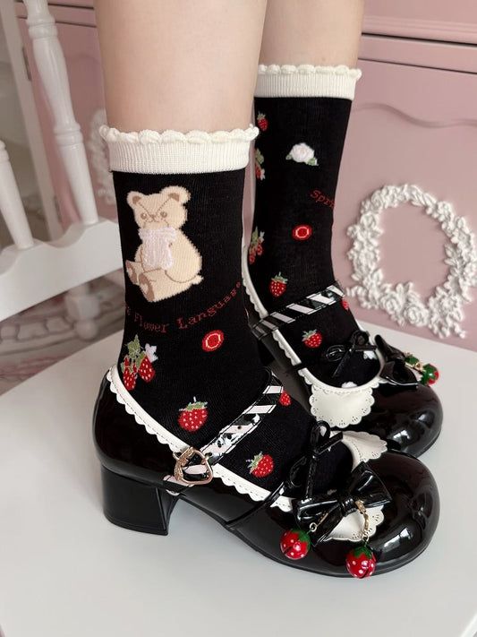 Red/Purple/Black Bear Bunny Strawberry Print Lolita Calf Socks