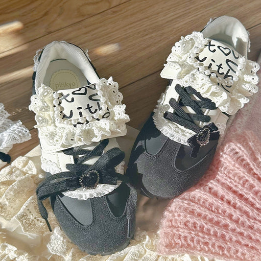 Bead Details Bow Accents Black and White Sneakers