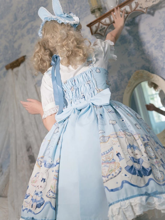 Bunny and Clock Print Alice Blue Sweet Lolita Dress