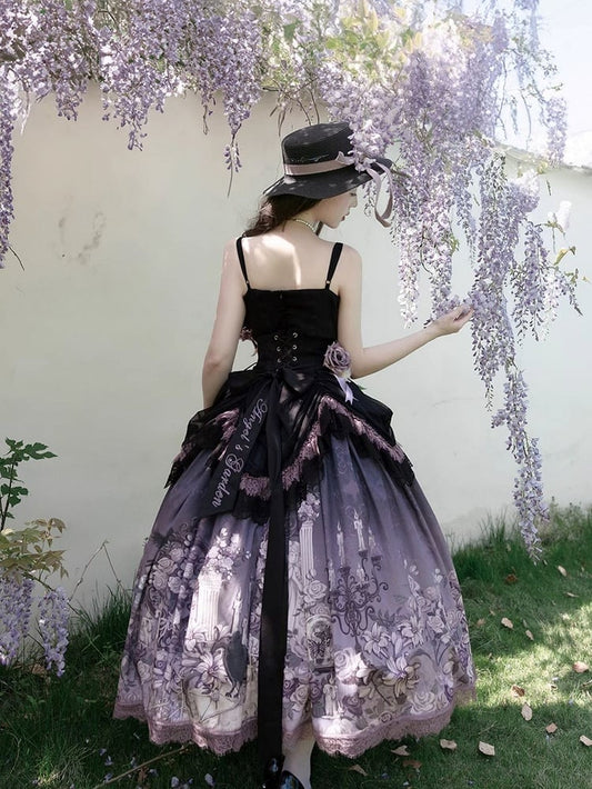 Black & Purple Ruffled Elegant Classic Lolita Top + Floral Print Skirt with Lace Trim Set