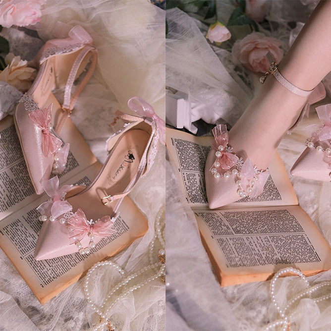 Pink Beaded Chain Pointed Toe Hime Lolita Middle Heels
