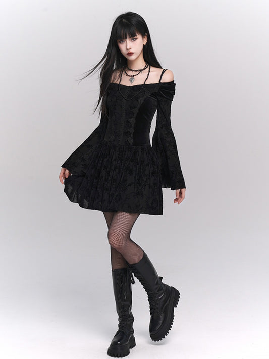 Black Gothic Velvet Off-the-shoulder Neckline Bell Sleeves Lace Trim Dress