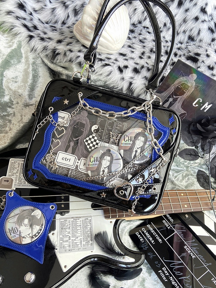 Black & Dark Blue Crisscross Strap Ita Shoulder Bag with Cross Charm Chain