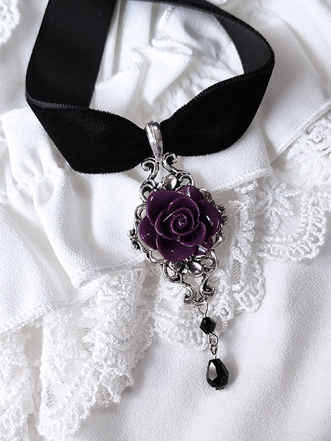 Purple/Wine Red Rosette Pendant Black Gothic Velvet Choker