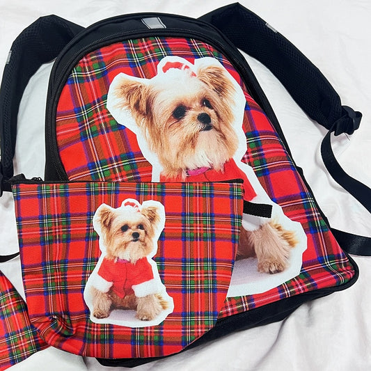Red Christmas Backpack With Plaid Pattern And Puppy Print