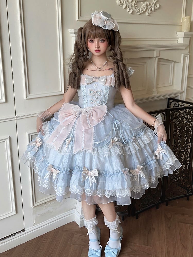 Pink Bow Accents Light Blue Natural Waist Hime Lolita Dress