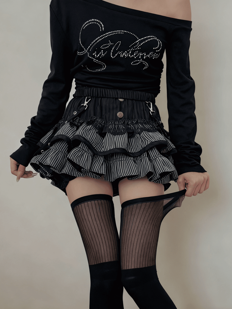 White / Black Stockings with Semi-sheer Vertical Striped Cuff