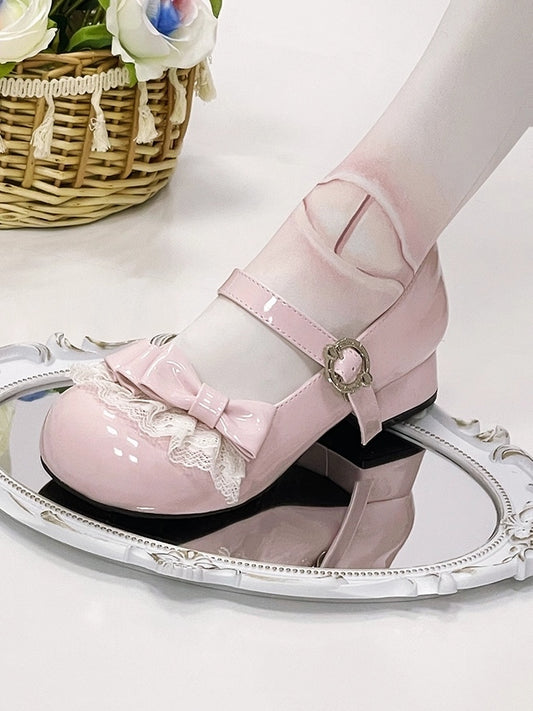 Light Pink Sweet Lolita Low-heel Mary Janes - Round Toe Design with Lace Trim & Bow Embellishments