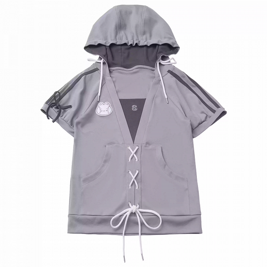 Grey Lace-up Detail Hooded T-Shirt Faux Two-pieces