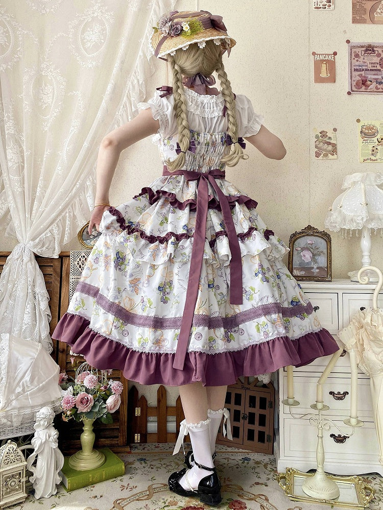 Blueberry and Ice Cream Print Tiered Skirt Purple Ruffle Trimming Lolita Dress