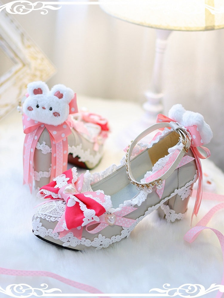 Rose Pink Sweet Lolita Bow at Top Plush Bunny Decorated 5CM Block Heels Lolita Shoes