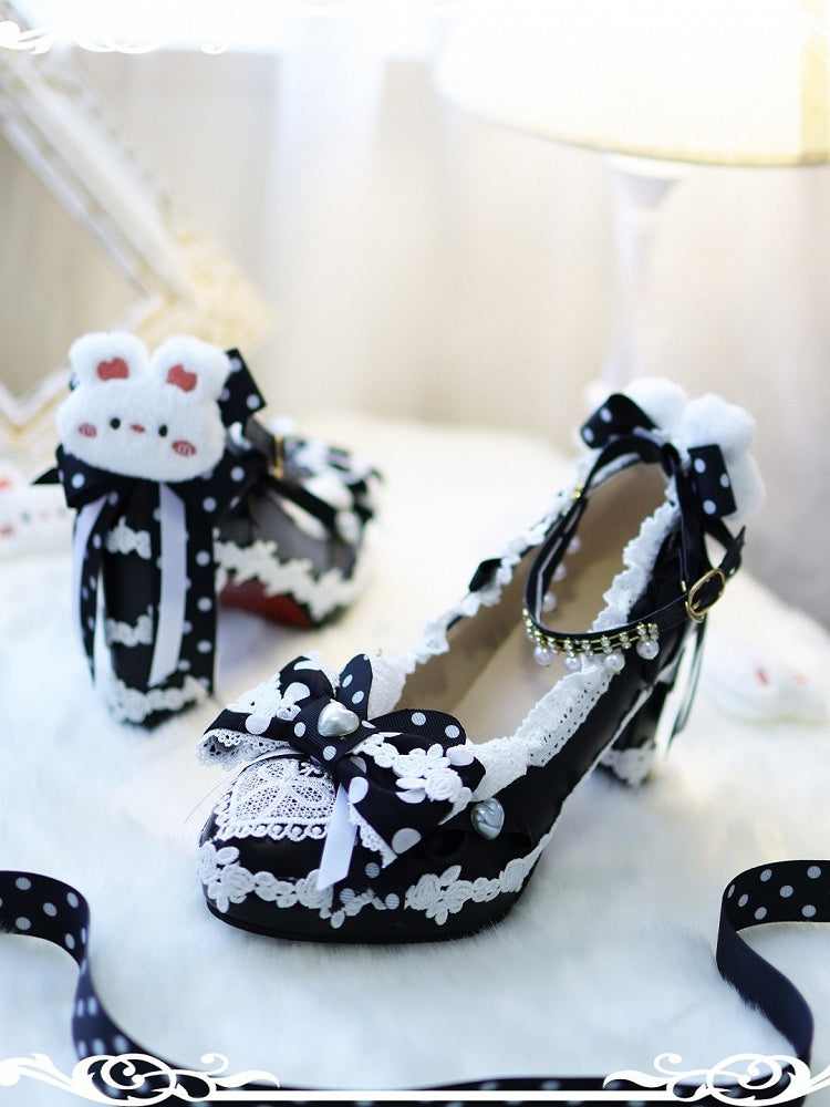 Black Sweet Lolita Bow at Top Plush Bunny Decorated 5CM Block Heels Lolita Shoes