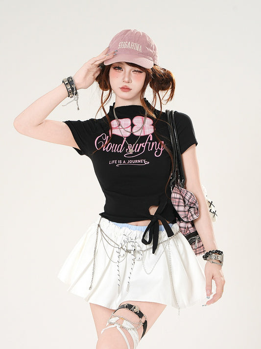 White/Black Mock Neck Self-tie Hem Letter and Number Print Slim-fitting T-shirt