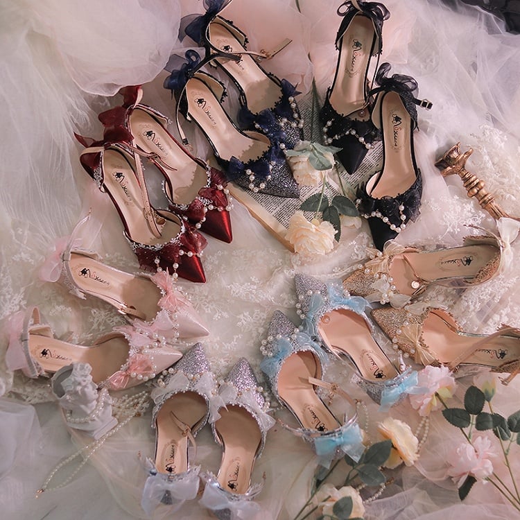 Gold Beaded Chain Pointed Toe Hime Lolita Middle Heels