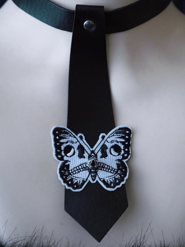Black Gothic Butterfly Applique Studs Decorated Tie PU Choker