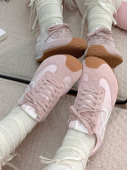 Pink Bowknot Design Front Lace-up Ties Sneakers