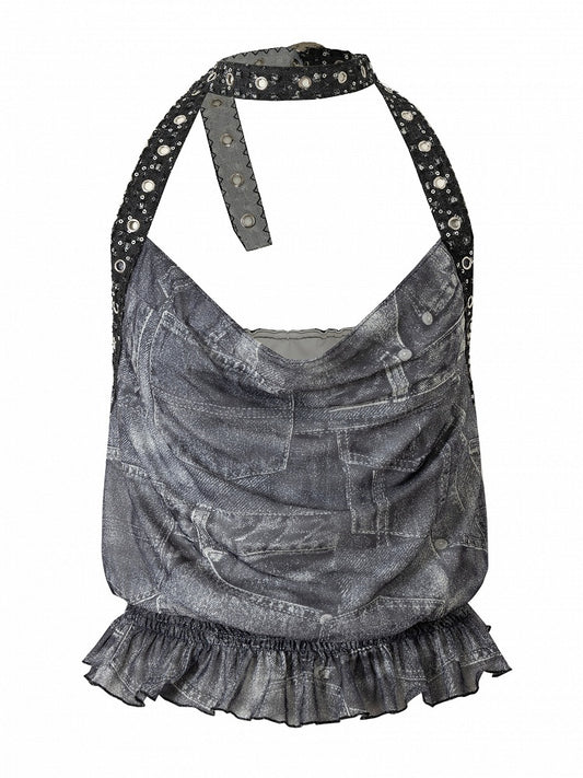 Blue Wasteland Punk Glamorous Cowl Neckline Ruffles Trim Halter Neck Top