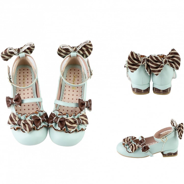 Green&Brown Striped Pattern Bowknot Details Heart Buckle Lolita Shoes