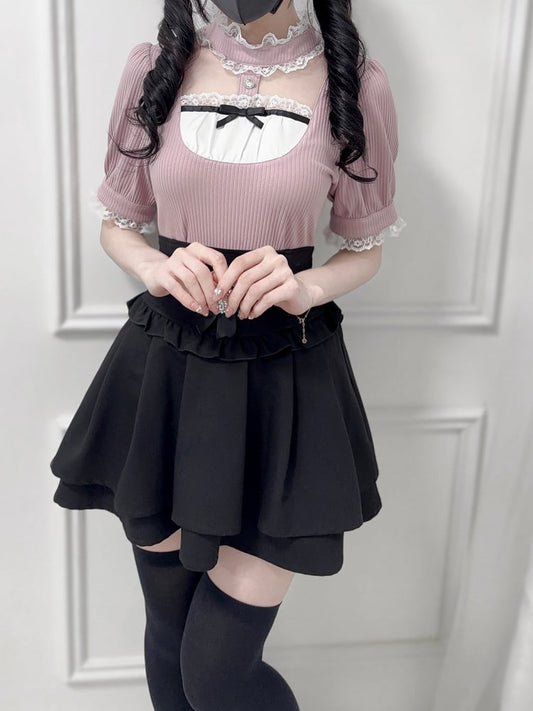 Jirai Kei Dusty Pink Banded Collar Cutout Front Short Sleeves Blouse