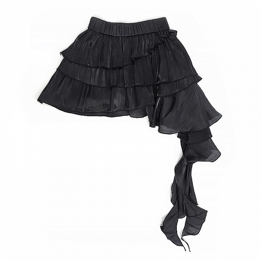 Black Elastic Waist Cascading Ruffles Tiered Mesh Skirt