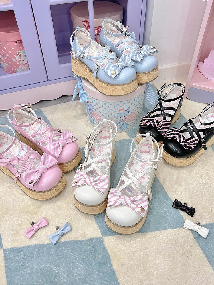 Striped Bow Accents Black Round Toe Sweet Lolita Platforms Buckle Straps