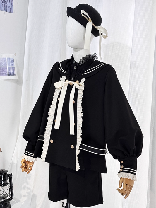 Ouji Lolita Black Preppy Ensemble: Sailor Collar Top and Shorts Set with Beige Lace Detail