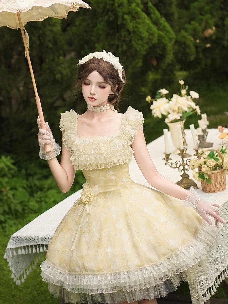 Light Yellow Butterfly and Floral Print Versatile Neckline Dress Lolita JSK Full Set