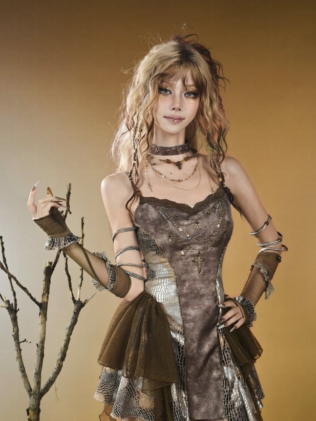 Brown Wasteland Punk Snakeskin Pattern Ruffles Trim Gloves