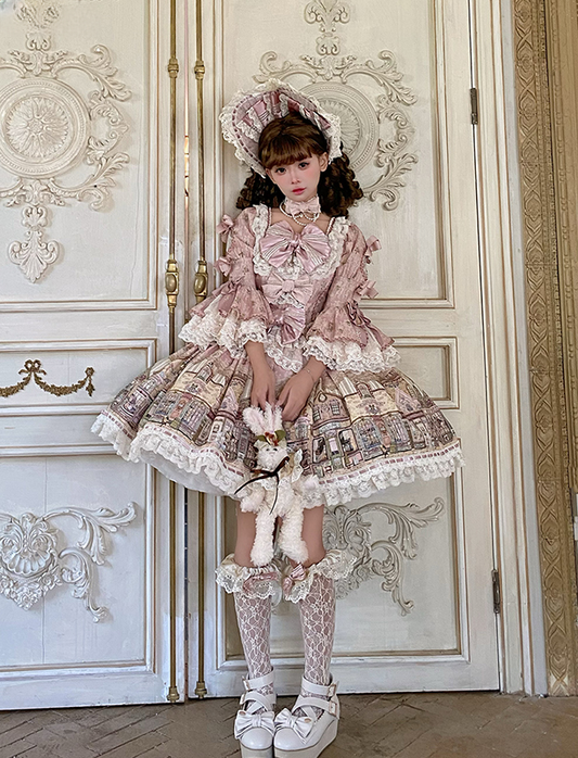 Fairytale Town Theme Pink Square Neckline Sweet Lolita Dress with Bow Accents