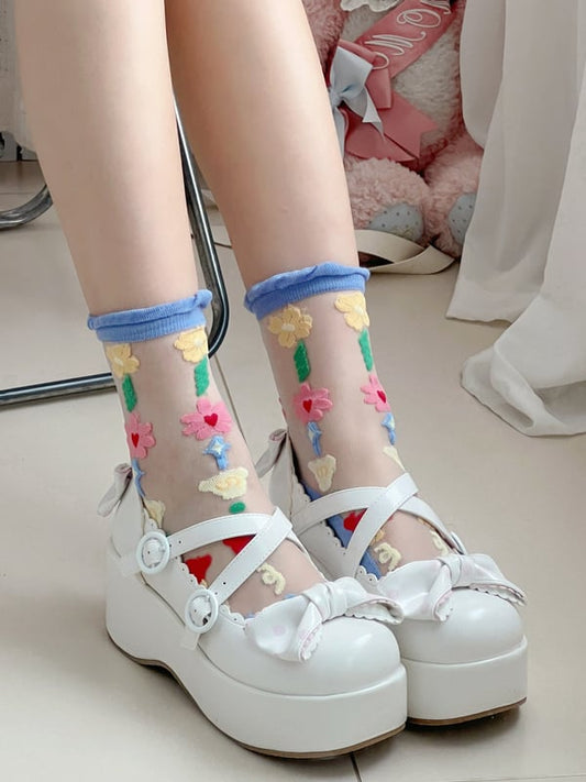 Pink/Blue/Beige Floral Pattern Semi-sheer Calf Socks