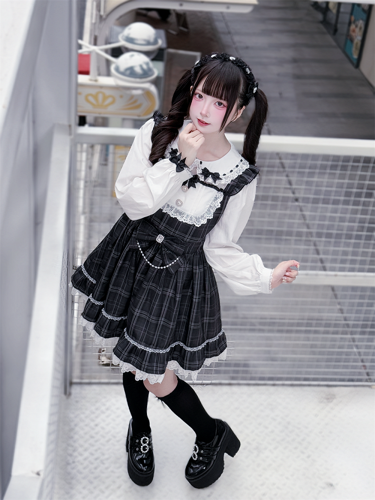 Vintage Academia Dress: Jirai Kei Gray Plaid with Peter Pan Collar & Big Waist Bow