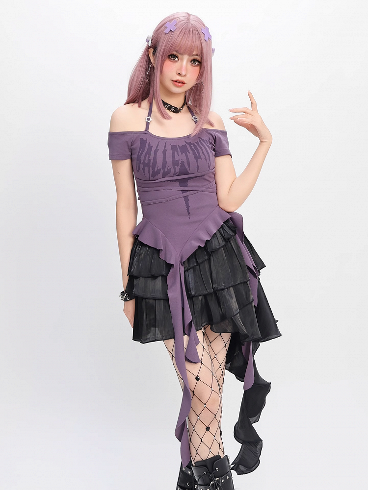 Y2K Red/Pink/Purple Cascading Ruffles Halter Neck T-shirt