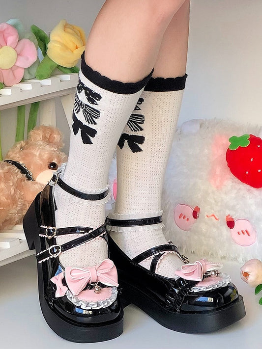 Black & Pink Bow at Top Crisscross Buckle Straps Sweet Lolita Platform Mary Janes