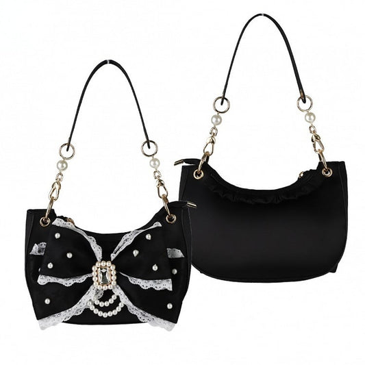 Beads & Rhinestone Decor Bow Accent Satin Black Shoulder Bag in Sweet Lolita