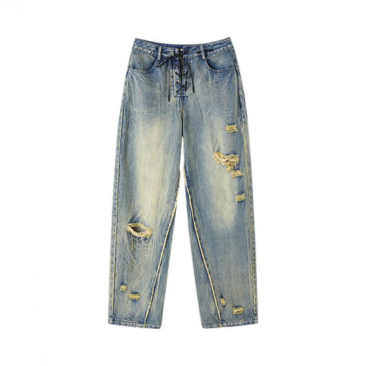 Blue Low Waist Faded Wash Distressed Holes Vintage Jeans with Lace-up Closure